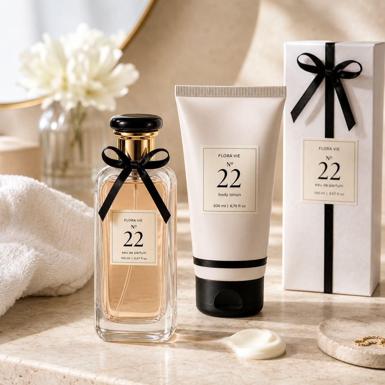 Perfume Flora Vie Nº 22 com body lotion e embalagem premium