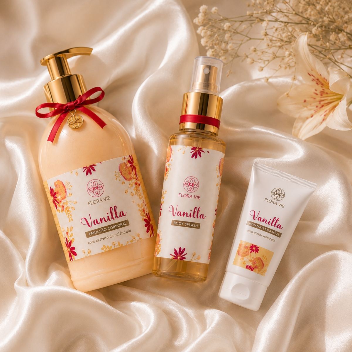 Linha Vanilla Flora Vie: emulsão corporal, body splash e hidratante para mãos