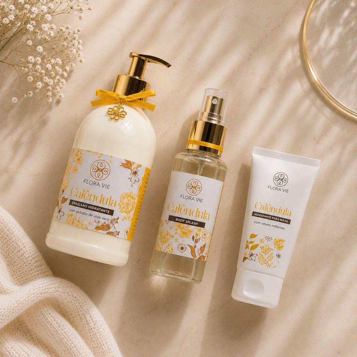 Produtos da linha Calêndula Flora Vie: emulsão hidratante, body splash e hidratante para mãos