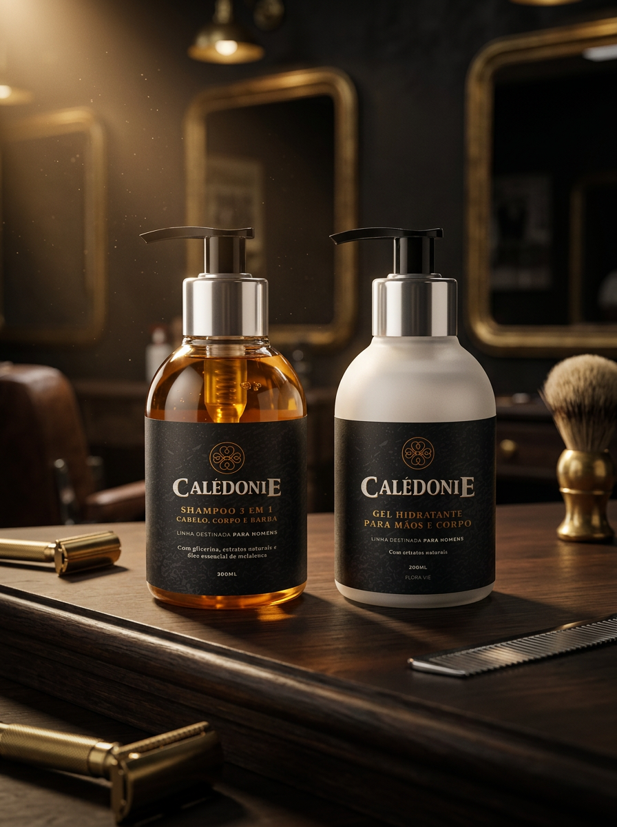 Composição Calédonie — Shampoo 3 em 1 e Gel Hidratante em ambiente de barbearia